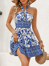 A-Line High Waisted Elasticity Flower Print Hollow Halter-Neck Mini Dresses